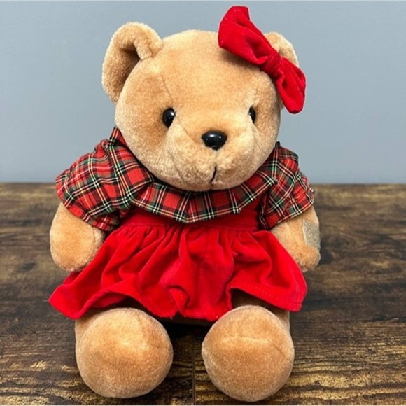 International Silver Bear in Red Plaid Holiday Dress & Bow Plush Vintage - Picture 1 of 4